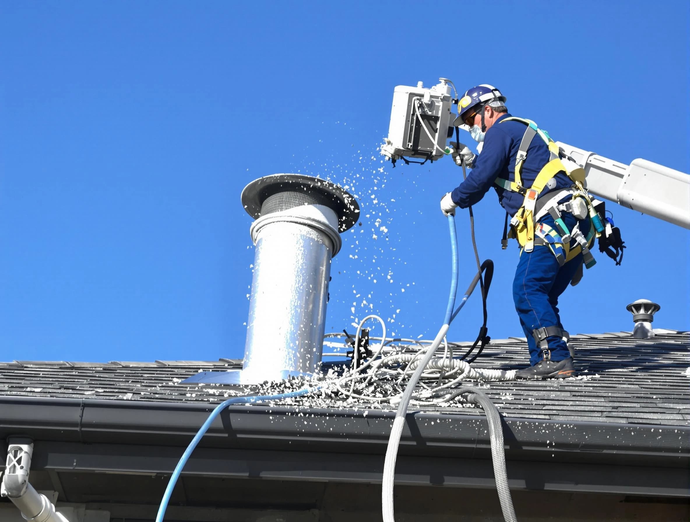 Chamblee Dryer Vent Cleaning certified technician safely cleaning a roof-mounted dryer vent in Chamblee