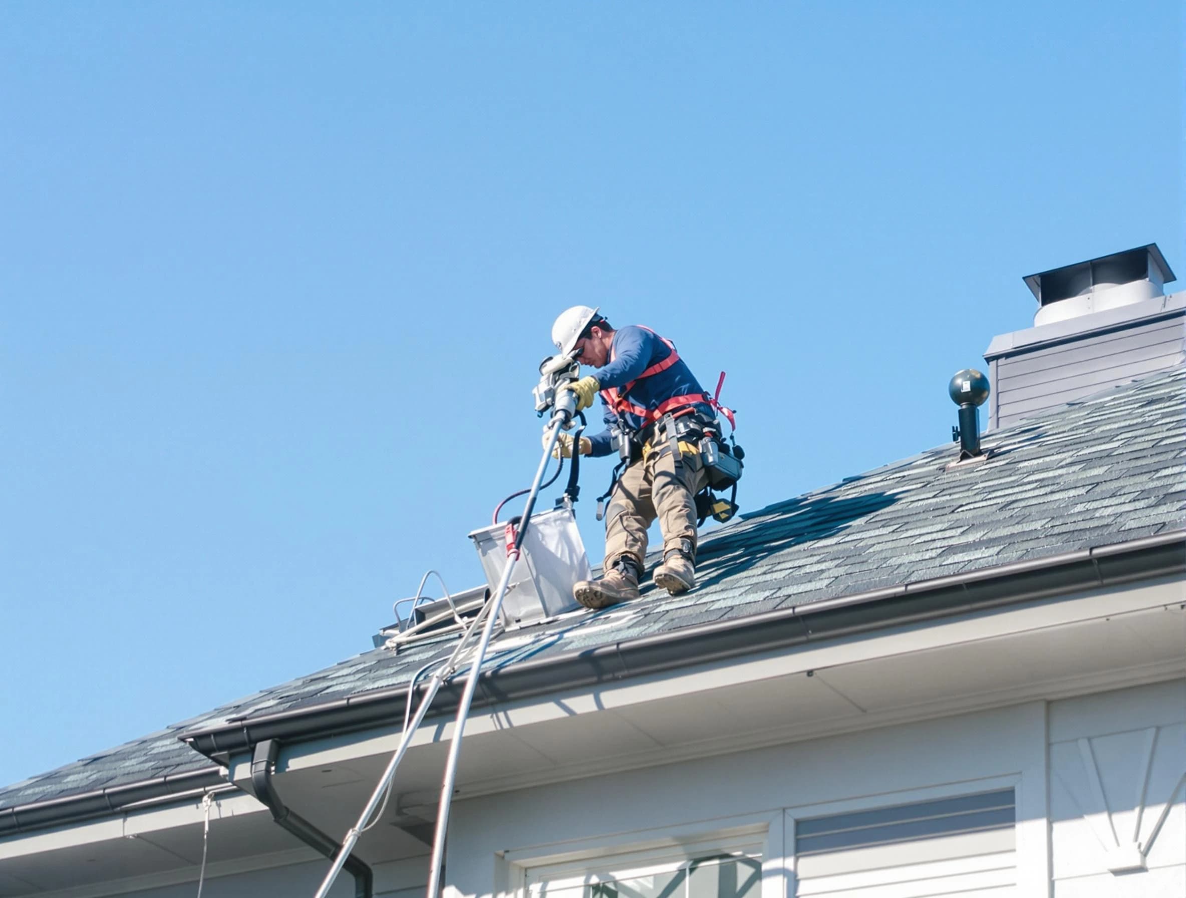Chamblee Dryer Vent Cleaning certified technician cleaning a roof-mounted dryer vent system in Chamblee