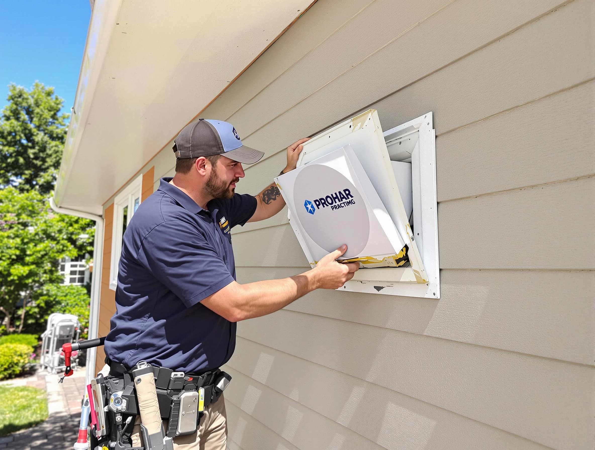 Chamblee Dryer Vent Cleaning technician installing a new protective dryer vent cover on a home in Chamblee