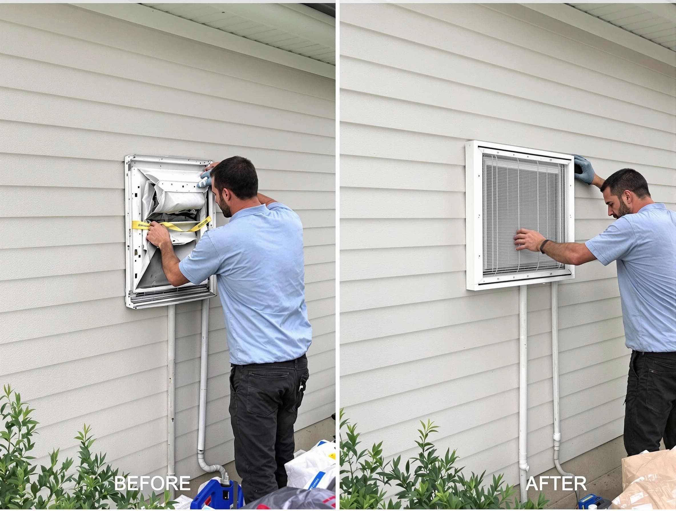 Chamblee Dryer Vent Cleaning technician installing high-quality dryer vent cover at a residential property in Chamblee